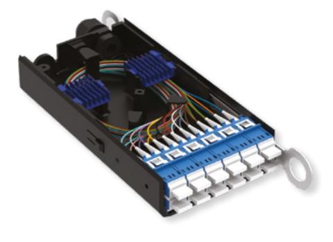 UHD Splice Module 12x LC singlemode G657.A1 pigtails, 6xLC/UPC Duplex adaptors farvekode EIA/TIA 598