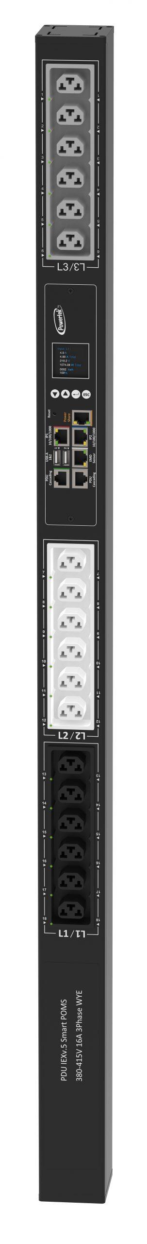 Powertek Intelligent PDU 380-415V, 3 fase, 16amp, låsning af power kabler C13/C19 kombination i samme udtag, 18 udtag redundant netværks mulighed, OLED display, overvågning af  sikringer
