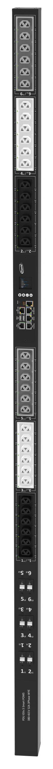 Powertek Intelligent PDU 380-415V, 3 fase, 32amp, låsning af power kabler C13/C19 kombination i samme udtag, 36 udtag redundant netværks mulighed, OLED display, overvågning af  sikringer